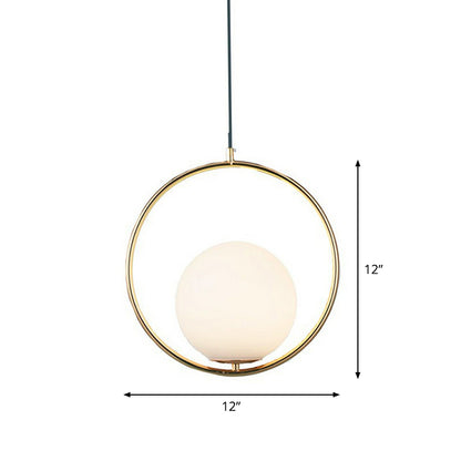 White Glass Spherical Hanging Lamp Post-Modern 1 Head Pendant Light with Metal Ring in Brass White 12" Clearhalo 'Ceiling Lights' 'Modern Pendants' 'Modern' 'Pendant Lights' 'Pendants' Lighting' 2283005