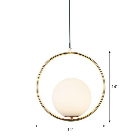 White Glass Spherical Hanging Lamp Post-Modern 1 Head Pendant Light with Metal Ring in Brass White 14" Clearhalo 'Ceiling Lights' 'Modern Pendants' 'Modern' 'Pendant Lights' 'Pendants' Lighting' 2283006