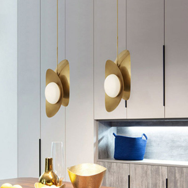 Curved Metal Pendant Lamp Designer 2-Head Black and Gold Inner Chandelier Light with White Glass Shade Clearhalo 'Ceiling Lights' 'Chandeliers' 'Modern Chandeliers' 'Modern' Lighting' 2283019