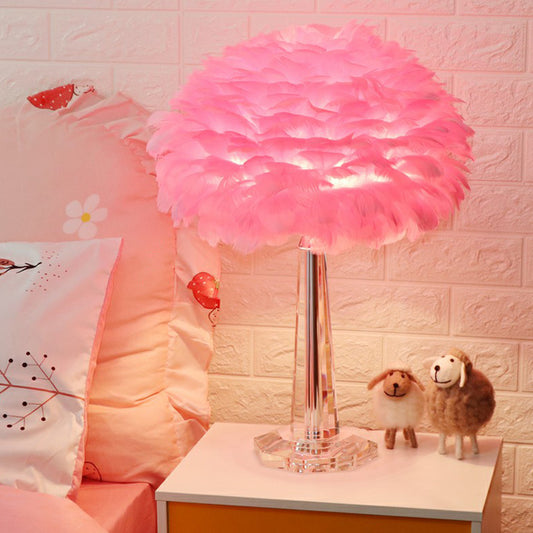 1-Light Bedside Night Lamp Nordic Table Light with Layered Feather Shade and Crystal Accent Pink Clearhalo 'Lamps' 'Table Lamps' Lighting' 2283103