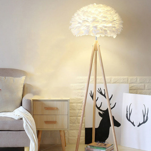 White Dome Floor Lamp Minimalist 1 Bulb Feather Standing Light with Wood Tripod White Clearhalo 'Floor Lamps' 'Lamps' Lighting' 2283109