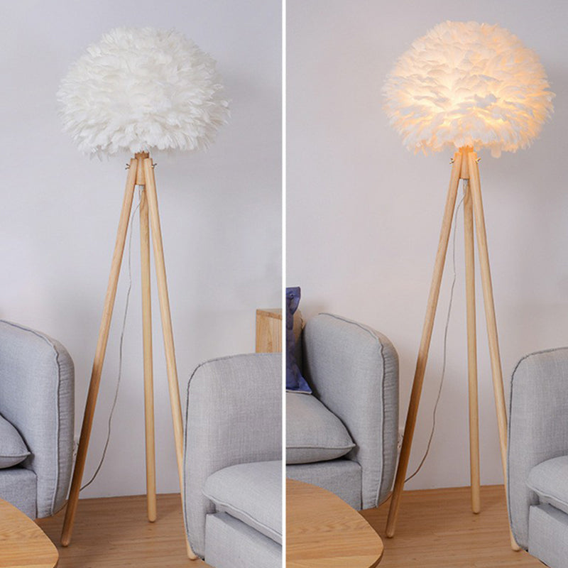 White Dome Floor Lamp Minimalist 1 Bulb Feather Standing Light with Wood Tripod Clearhalo 'Floor Lamps' 'Lamps' Lighting' 2283110