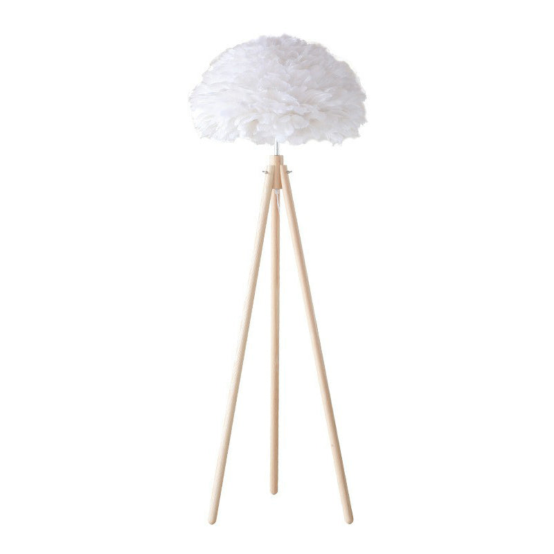 White Dome Floor Lamp Minimalist 1 Bulb Feather Standing Light with Wood Tripod Clearhalo 'Floor Lamps' 'Lamps' Lighting' 2283111