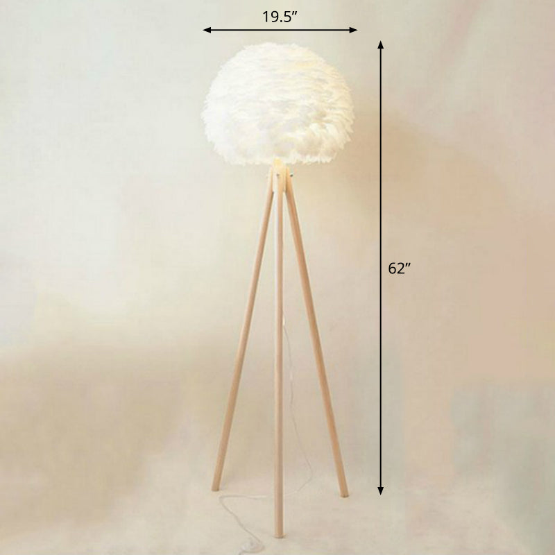 White Dome Floor Lamp Minimalist 1 Bulb Feather Standing Light with Wood Tripod Clearhalo 'Floor Lamps' 'Lamps' Lighting' 2283112