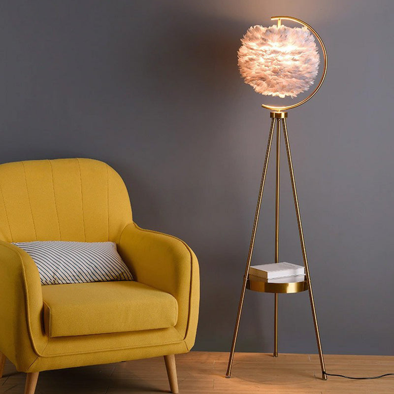 Feather Ball Floor Lighting Nordic 1 Head Stand Up Lamp with Brass Tripod and Tray Clearhalo 'Floor Lamps' 'Lamps' Lighting' 2283114