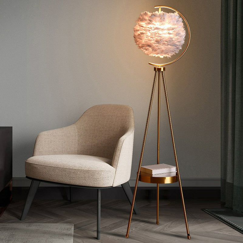 Feather Ball Floor Lighting Nordic 1 Head Stand Up Lamp with Brass Tripod and Tray Clearhalo 'Floor Lamps' 'Lamps' Lighting' 2283115