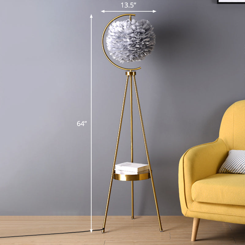 Feather Ball Floor Lighting Nordic 1 Head Stand Up Lamp with Brass Tripod and Tray Grey Clearhalo 'Floor Lamps' 'Lamps' Lighting' 2283116
