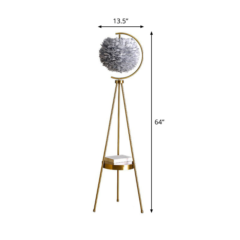 Feather Ball Floor Lighting Nordic 1 Head Stand Up Lamp with Brass Tripod and Tray Clearhalo 'Floor Lamps' 'Lamps' Lighting' 2283118