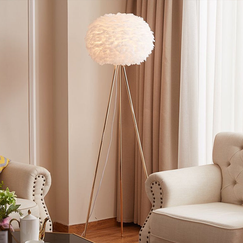 Globe Floor Standing Light Nordic Feather 1-Light Tripod Floor Lamp for Living Room Clearhalo 'Floor Lamps' 'Lamps' Lighting' 2283119