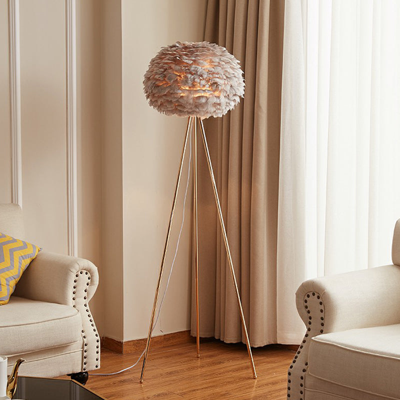 Globe Floor Standing Light Nordic Feather 1-Light Tripod Floor Lamp for Living Room Clearhalo 'Floor Lamps' 'Lamps' Lighting' 2283120