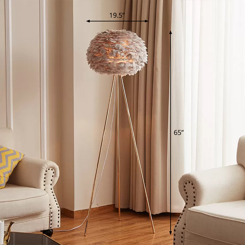 Globe Floor Standing Light Nordic Feather 1-Light Tripod Floor Lamp for Living Room Grey Clearhalo 'Floor Lamps' 'Lamps' Lighting' 2283121