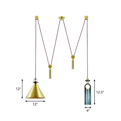 Designer 2-Head Swag Pendant Cone and Elongated Dome Hanging Light with Metal Shade Brass Clearhalo 'Ceiling Lights' 'Modern Pendants' 'Modern' 'Pendant Lights' 'Pendants' Lighting' 2283226