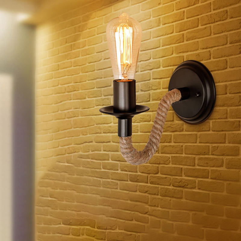 Single Curved Arm Wall Lamp Rustic Brown Rope Wall Sconce Lighting with Exposed Bulb Design Brown Clearhalo 'Industrial wall lights' 'Industrial' 'Middle century wall lights' 'Tiffany' 'Wall Lamps & Sconces' 'Wall Lights' Lighting' 2283266