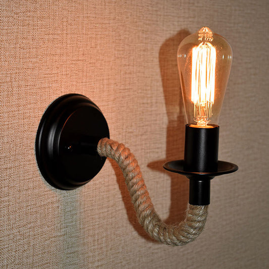 Single Curved Arm Wall Lamp Rustic Brown Rope Wall Sconce Lighting with Exposed Bulb Design Clearhalo 'Industrial wall lights' 'Industrial' 'Middle century wall lights' 'Tiffany' 'Wall Lamps & Sconces' 'Wall Lights' Lighting' 2283267