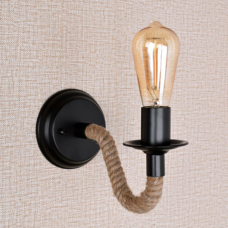 Single Curved Arm Wall Lamp Rustic Brown Rope Wall Sconce Lighting with Exposed Bulb Design Clearhalo 'Industrial wall lights' 'Industrial' 'Middle century wall lights' 'Tiffany' 'Wall Lamps & Sconces' 'Wall Lights' Lighting' 2283268