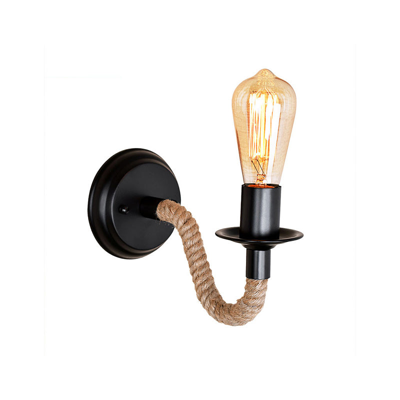 Single Curved Arm Wall Lamp Rustic Brown Rope Wall Sconce Lighting with Exposed Bulb Design Clearhalo 'Industrial wall lights' 'Industrial' 'Middle century wall lights' 'Tiffany' 'Wall Lamps & Sconces' 'Wall Lights' Lighting' 2283269