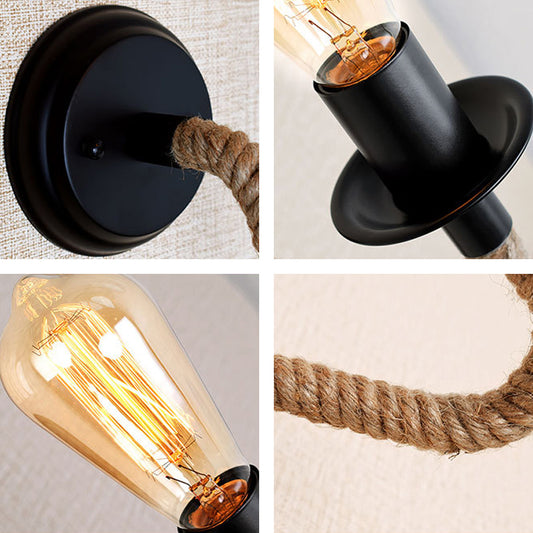 Single Curved Arm Wall Lamp Rustic Brown Rope Wall Sconce Lighting with Exposed Bulb Design Clearhalo 'Industrial wall lights' 'Industrial' 'Middle century wall lights' 'Tiffany' 'Wall Lamps & Sconces' 'Wall Lights' Lighting' 2283270