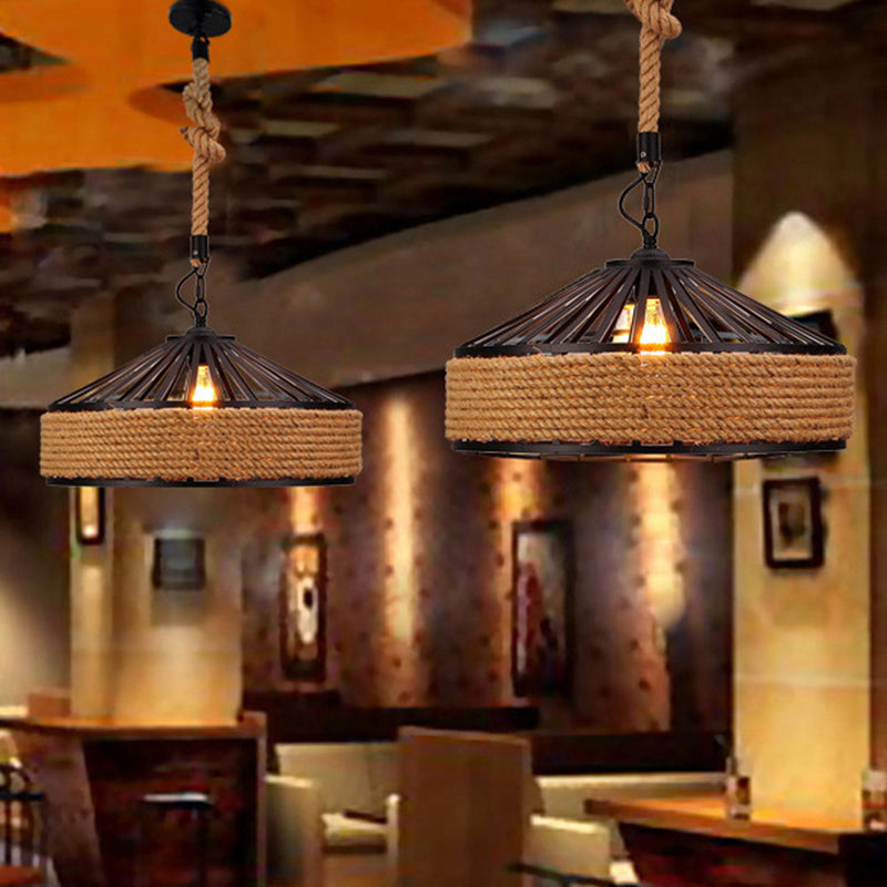 Brown 1-Light Pendant Light Countryside Roped Barn Shaped Hanging Ceiling Light for Bistro Brown Clearhalo 'Ceiling Lights' 'Industrial Pendants' 'Industrial' 'Middle Century Pendants' 'Pendant Lights' 'Pendants' 'Tiffany' Lighting' 2283271