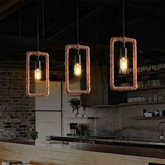 Roped Geometric Frame Pendulum Light Minimalist Single Dining Room Pendant Light Fixture in Brown Brown Rectangle Clearhalo 'Ceiling Lights' 'Industrial Pendants' 'Industrial' 'Middle Century Pendants' 'Pendant Lights' 'Pendants' 'Tiffany' Lighting' 2283278