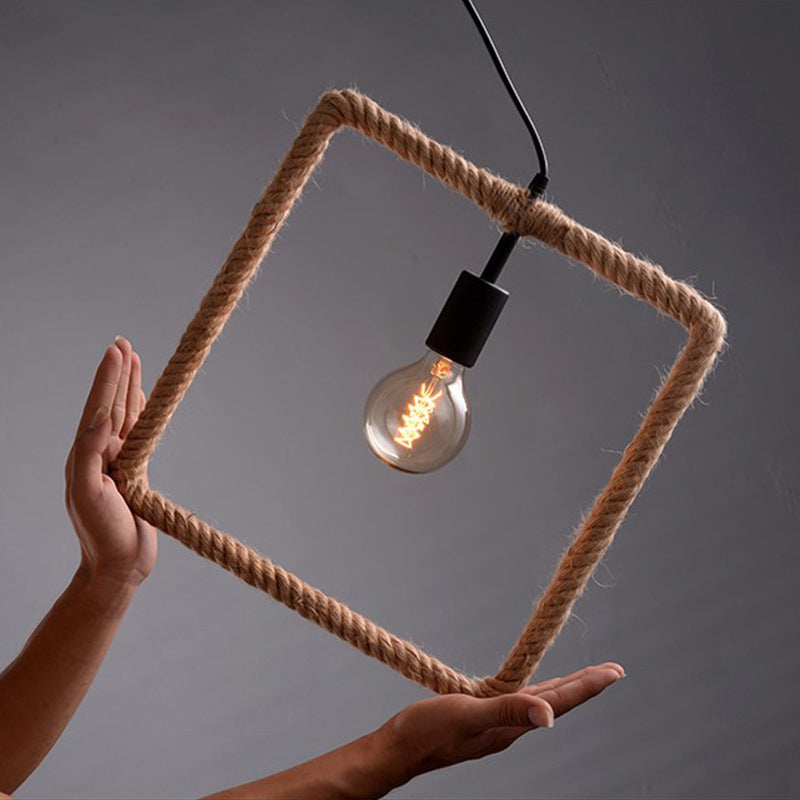 Roped Geometric Frame Pendulum Light Minimalist Single Dining Room Pendant Light Fixture in Brown Brown Square Clearhalo 'Ceiling Lights' 'Industrial Pendants' 'Industrial' 'Middle Century Pendants' 'Pendant Lights' 'Pendants' 'Tiffany' Lighting' 2283280