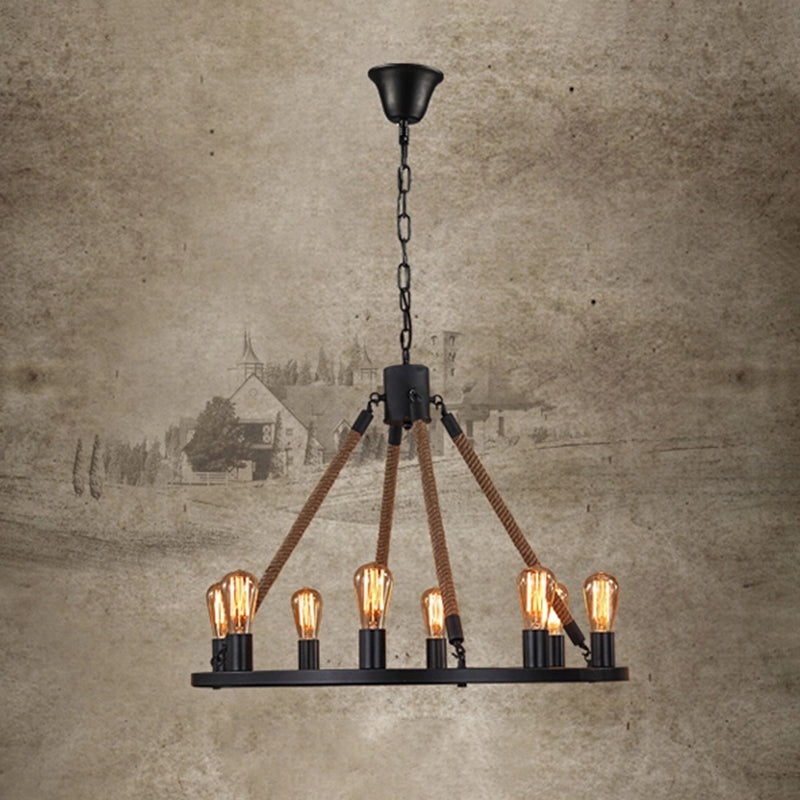 Circular Living Room Chandelier Farmhouse Metal Black Finish Hanging Light with Rope Cord Clearhalo 'Ceiling Lights' 'Chandeliers' 'Industrial Chandeliers' 'Industrial' 'Middle Century Chandeliers' 'Tiffany' Lighting' 2283286
