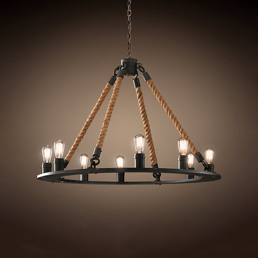 Circular Living Room Chandelier Farmhouse Metal Black Finish Hanging Light with Rope Cord 8 Black Clearhalo 'Ceiling Lights' 'Chandeliers' 'Industrial Chandeliers' 'Industrial' 'Middle Century Chandeliers' 'Tiffany' Lighting' 2283287
