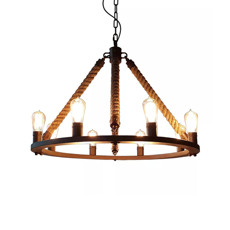 Circular Living Room Chandelier Farmhouse Metal Black Finish Hanging Light with Rope Cord Clearhalo 'Ceiling Lights' 'Chandeliers' 'Industrial Chandeliers' 'Industrial' 'Middle Century Chandeliers' 'Tiffany' Lighting' 2283288