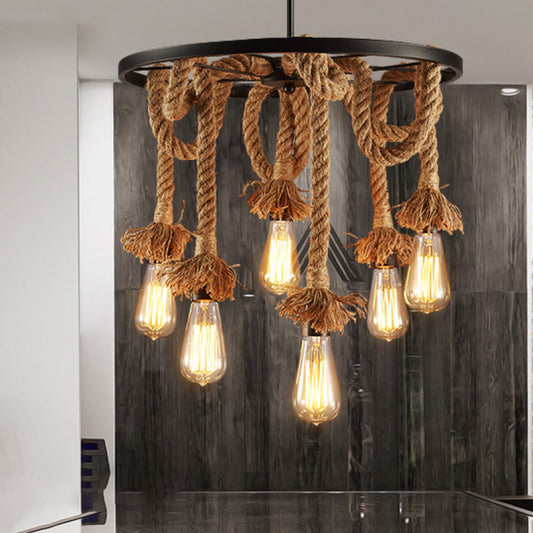 Brown Open Bulb Design Chandelier Rural Rope 6-Light Restaurant Hanging Lamp with Wheel Deco Brown Clearhalo 'Ceiling Lights' 'Chandeliers' 'Industrial Chandeliers' 'Industrial' 'Middle Century Chandeliers' 'Tiffany' Lighting' 2283289