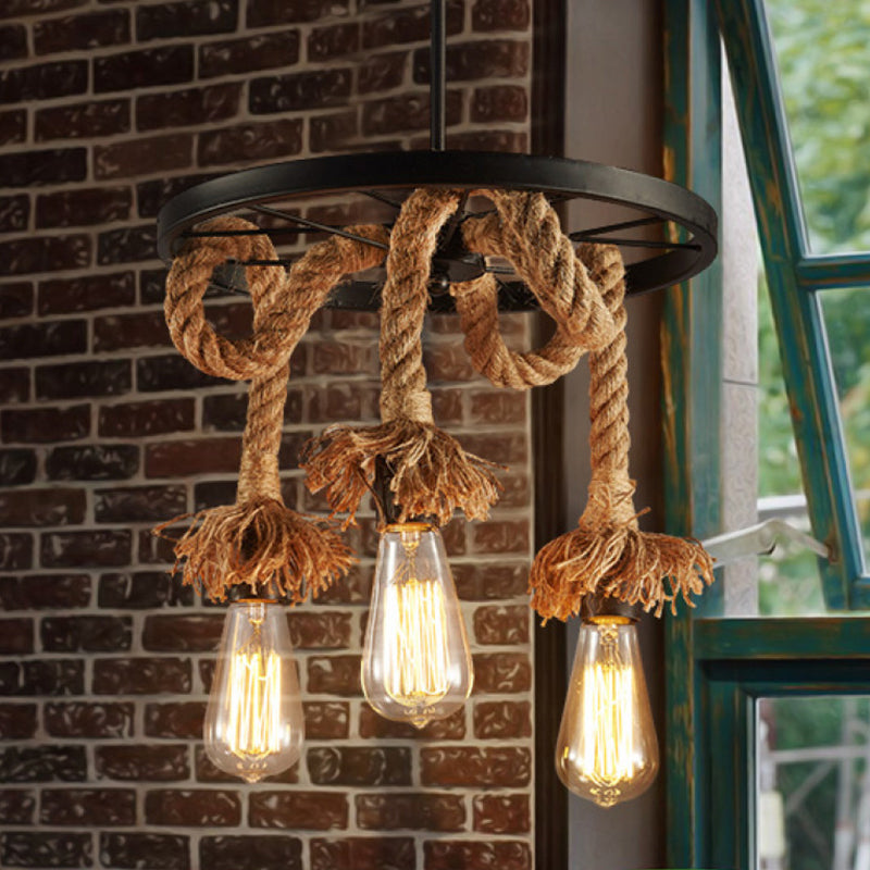 Brown Open Bulb Design Chandelier Rural Rope 6-Light Restaurant Hanging Lamp with Wheel Deco Clearhalo 'Ceiling Lights' 'Chandeliers' 'Industrial Chandeliers' 'Industrial' 'Middle Century Chandeliers' 'Tiffany' Lighting' 2283290