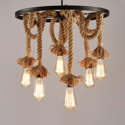 Brown Open Bulb Design Chandelier Rural Rope 6-Light Restaurant Hanging Lamp with Wheel Deco Clearhalo 'Ceiling Lights' 'Chandeliers' 'Industrial Chandeliers' 'Industrial' 'Middle Century Chandeliers' 'Tiffany' Lighting' 2283291