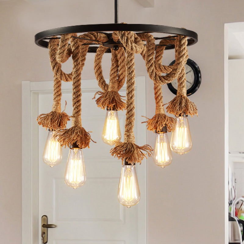 Brown Open Bulb Design Chandelier Rural Rope 6-Light Restaurant Hanging Lamp with Wheel Deco Clearhalo 'Ceiling Lights' 'Chandeliers' 'Industrial Chandeliers' 'Industrial' 'Middle Century Chandeliers' 'Tiffany' Lighting' 2283292