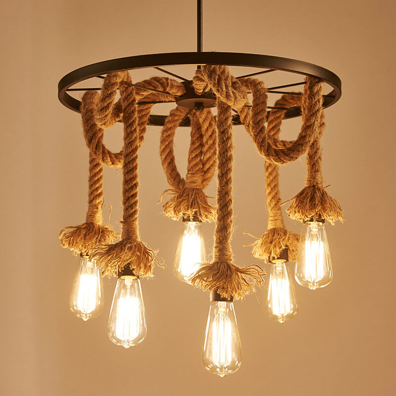 Brown Open Bulb Design Chandelier Rural Rope 6-Light Restaurant Hanging Lamp with Wheel Deco Clearhalo 'Ceiling Lights' 'Chandeliers' 'Industrial Chandeliers' 'Industrial' 'Middle Century Chandeliers' 'Tiffany' Lighting' 2283293
