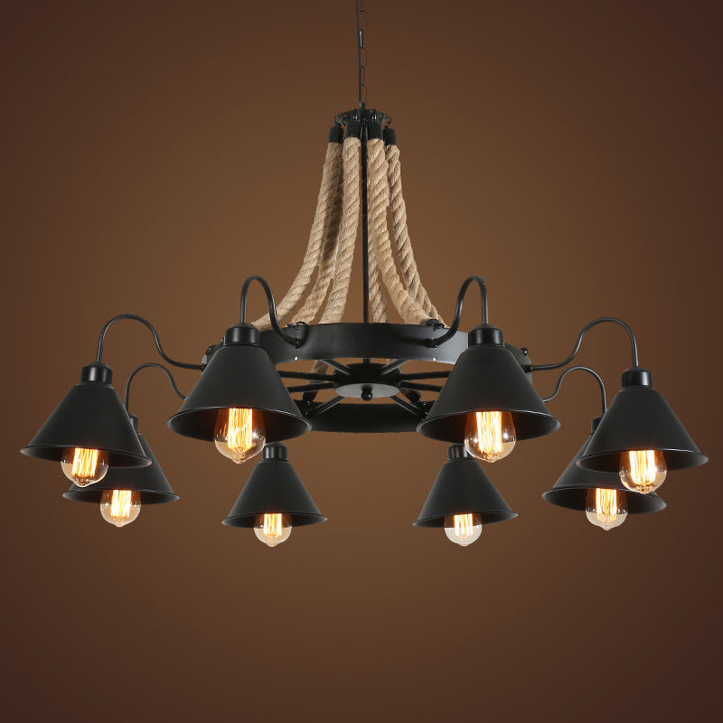 Conical Chandelier Light Industrial Black Iron Suspension Lighting with Wheel and Hemp Decoration Clearhalo 'Cast Iron' 'Ceiling Lights' 'Chandeliers' 'Industrial Chandeliers' 'Industrial' 'Metal' 'Middle Century Chandeliers' 'Rustic Chandeliers' 'Tiffany' Lighting' 2283296