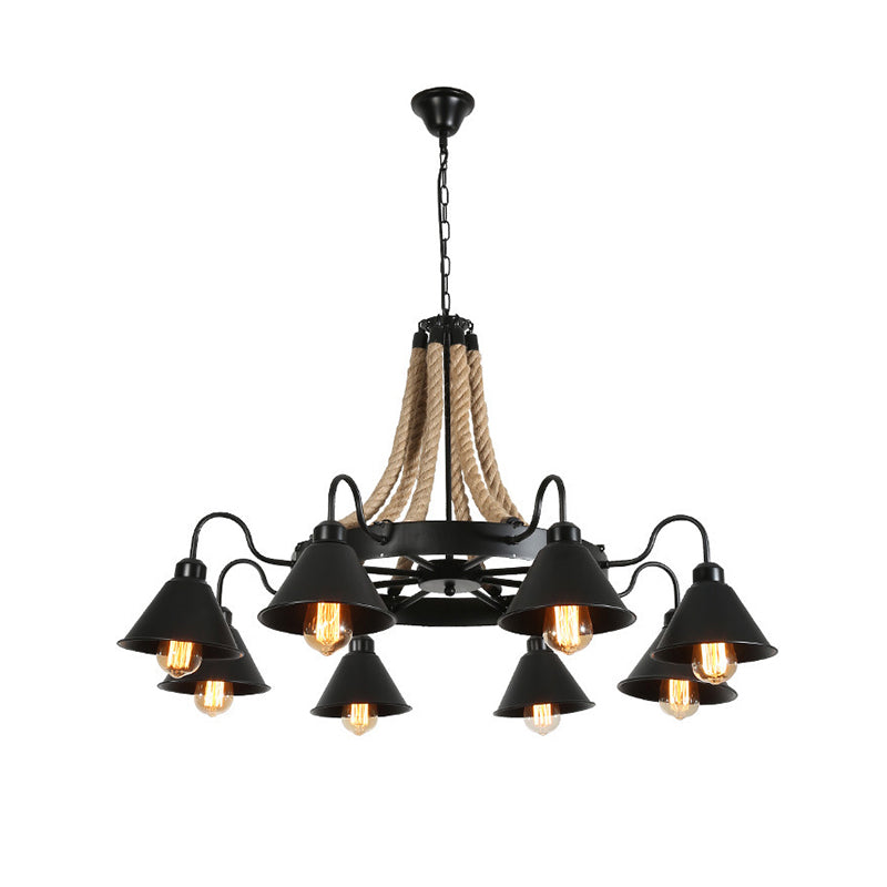 Conical Chandelier Light Industrial Black Iron Suspension Lighting with Wheel and Hemp Decoration Clearhalo 'Cast Iron' 'Ceiling Lights' 'Chandeliers' 'Industrial Chandeliers' 'Industrial' 'Metal' 'Middle Century Chandeliers' 'Rustic Chandeliers' 'Tiffany' Lighting' 2283299