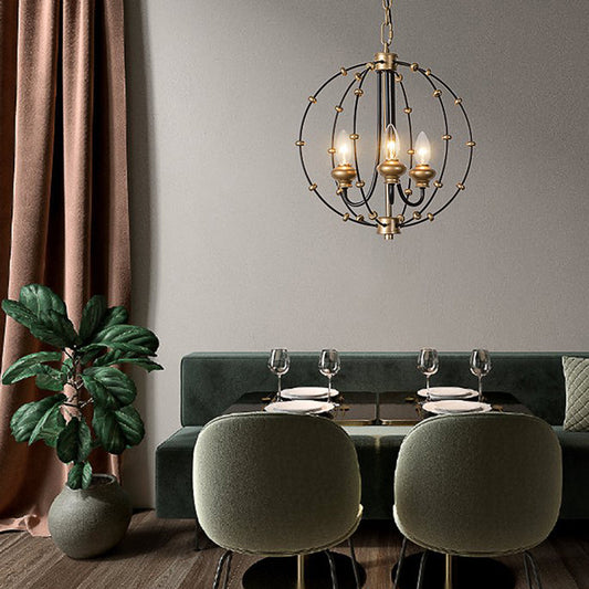 3/5 Bulbs Dining Room Ceiling Lamp Country Black Chandelier Pendant Light with Globe Metal Cage, 15"/19.5" Wide Black 15"