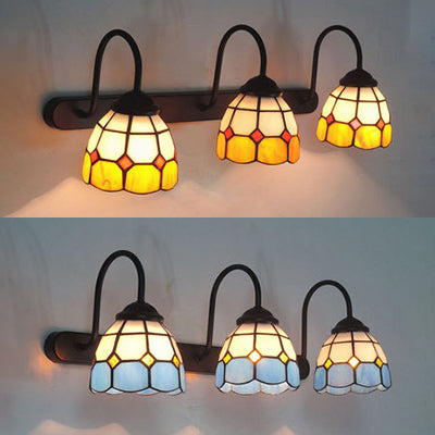 3 Heads Grid Patterned Wall Light Fixture Tiffany Blue/Yellow Glass Sconce Lighting with Curve Arm Clearhalo 'Industrial' 'Middle century wall lights' 'Tiffany wall lights' 'Tiffany' 'Wall Lamps & Sconces' 'Wall Lights' Lighting' 22832