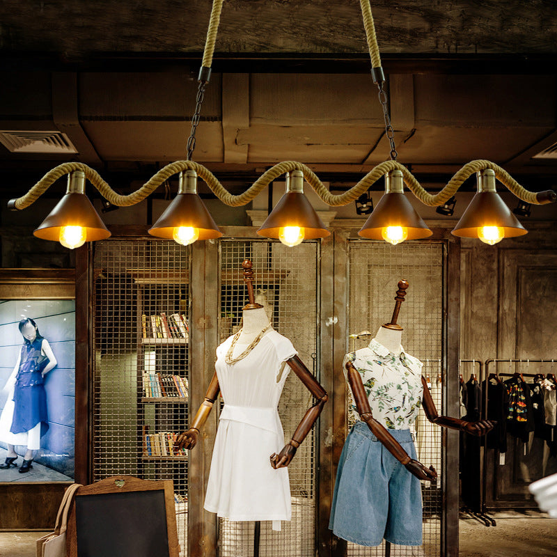 Wavy Hemp Rope Island Light Fixture Rustic Bar Hanging Light with Cone Metal Shade in Black Clearhalo 'Ceiling Lights' 'Island Lights' Lighting' 2283303