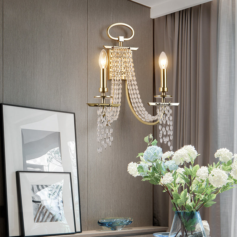 Metal Candle Wall Sconce Lighting Modern Luxurious 2-Head Gold Wall Light with Crystal Tassel Clearhalo 'Cast Iron' 'Glass' 'Industrial' 'Modern wall lights' 'Modern' 'Tiffany' 'Traditional wall lights' 'Wall Lamps & Sconces' 'Wall Lights' Lighting' 2283306