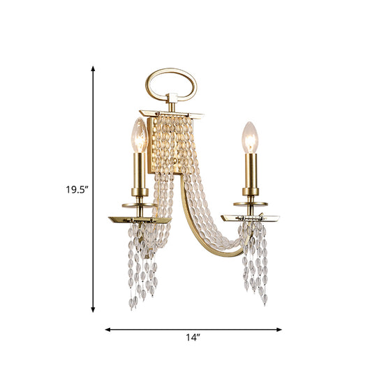 Metal Candle Wall Sconce Lighting Modern Luxurious 2-Head Gold Wall Light with Crystal Tassel Gold Clearhalo 'Cast Iron' 'Glass' 'Industrial' 'Modern wall lights' 'Modern' 'Tiffany' 'Traditional wall lights' 'Wall Lamps & Sconces' 'Wall Lights' Lighting' 2283307