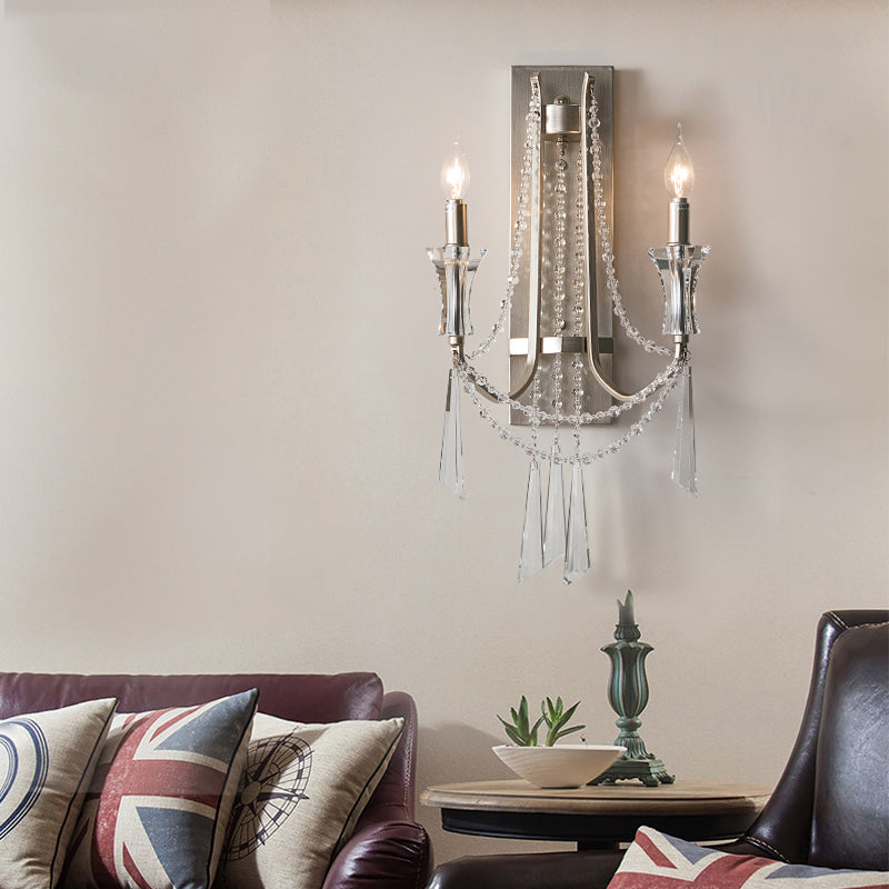 French Country Style Candle Wall Lamp 2-Bulb Metal Wall Light Fixture with Crystals in Brushed Silver Clearhalo 'Wall Lamps & Sconces' 'Wall Lights' Lighting' 2283312