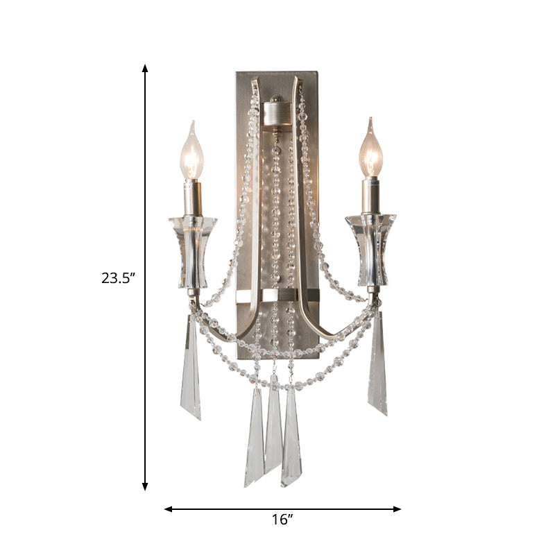 French Country Style Candle Wall Lamp 2-Bulb Metal Wall Light Fixture with Crystals in Brushed Silver Silver Clearhalo 'Wall Lamps & Sconces' 'Wall Lights' Lighting' 2283313