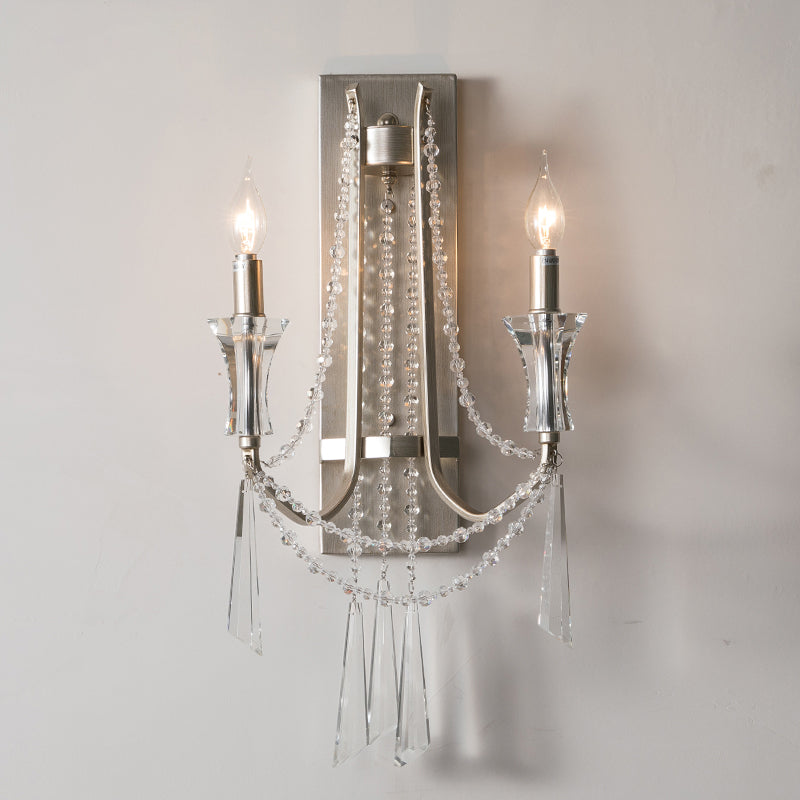 French Country Style Candle Wall Lamp 2-Bulb Metal Wall Light Fixture with Crystals in Brushed Silver Clearhalo 'Wall Lamps & Sconces' 'Wall Lights' Lighting' 2283314