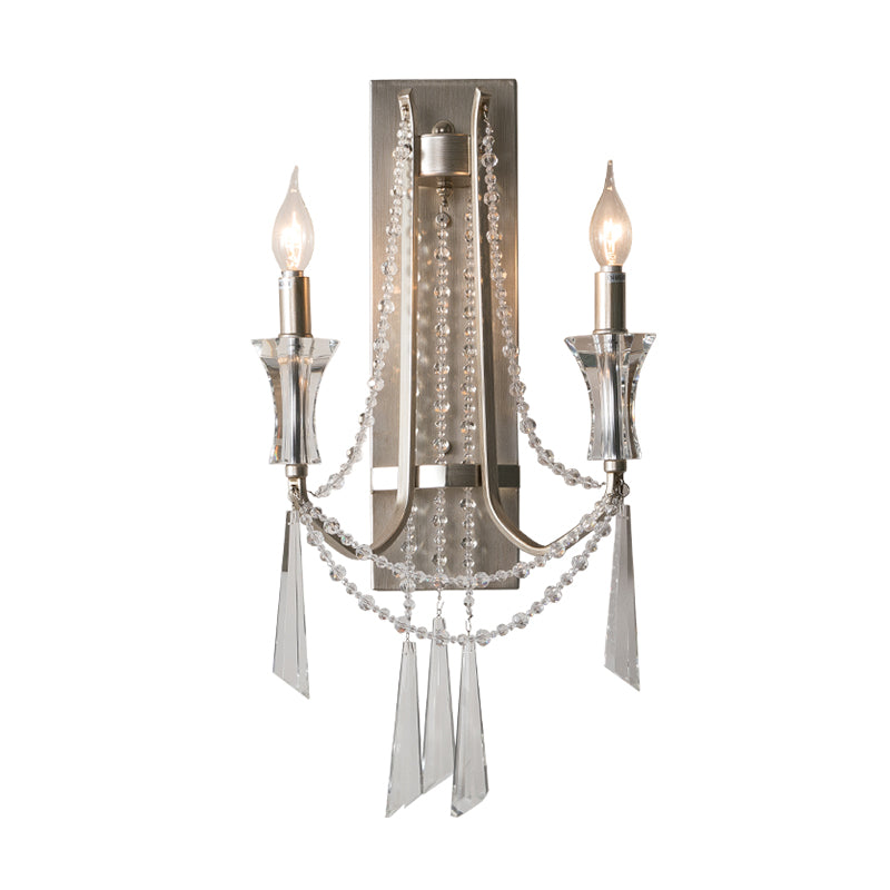 French Country Style Candle Wall Lamp 2-Bulb Metal Wall Light Fixture with Crystals in Brushed Silver Clearhalo 'Wall Lamps & Sconces' 'Wall Lights' Lighting' 2283315