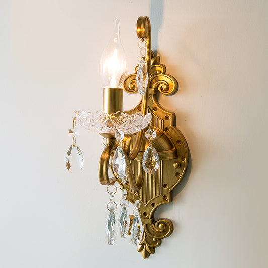 Antiqued Brass Wall Light Traditional Crystal Candle Wall Lighting Sconce with Scroll Arm Clearhalo 'Wall Lamps & Sconces' 'Wall Lights' Lighting' 2283325