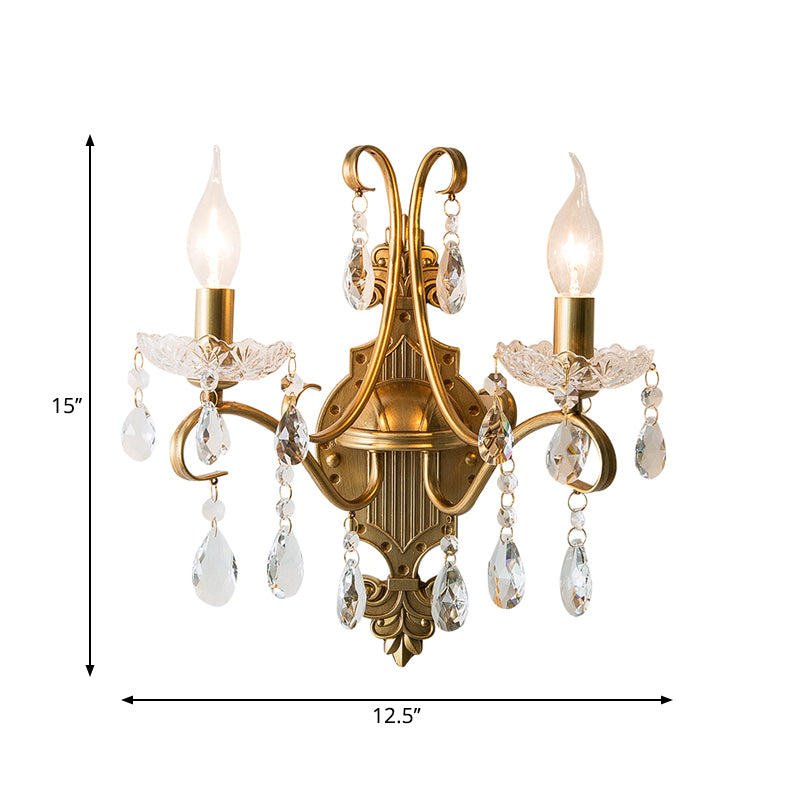Antiqued Brass Wall Light Traditional Crystal Candle Wall Lighting Sconce with Scroll Arm 2.0 Brass Clearhalo 'Wall Lamps & Sconces' 'Wall Lights' Lighting' 2283326