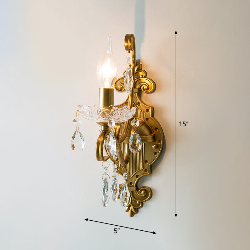 Antiqued Brass Wall Light Traditional Crystal Candle Wall Lighting Sconce with Scroll Arm 1.0 Brass Clearhalo 'Wall Lamps & Sconces' 'Wall Lights' Lighting' 2283328