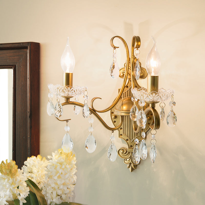 Antiqued Brass Wall Light Traditional Crystal Candle Wall Lighting Sconce with Scroll Arm Clearhalo 'Wall Lamps & Sconces' 'Wall Lights' Lighting' 2283329