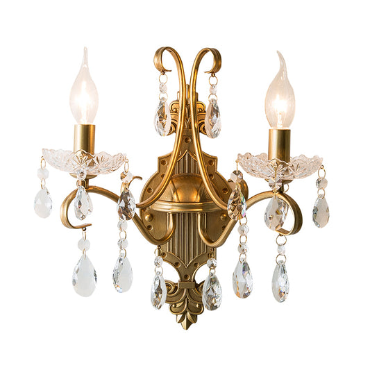 Antiqued Brass Wall Light Traditional Crystal Candle Wall Lighting Sconce with Scroll Arm Clearhalo 'Wall Lamps & Sconces' 'Wall Lights' Lighting' 2283330