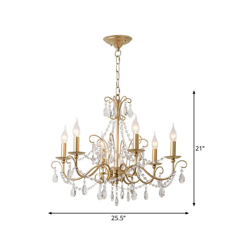 Metal Gold Finish Chandelier Candelabra Victorian Style Hanging Light with Crystal Accents 6 Gold Clearhalo 'Ceiling Lights' 'Chandeliers' Lighting' options 2283366_d494b98d-cbb5-4cd2-9fcb-887628dab896