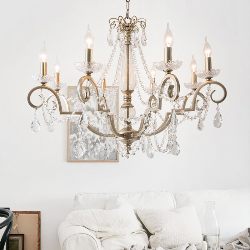 Aged Silver Candle Chandelier Rustic Crystal Living Room Suspension Light with Swirled Arm Clearhalo 'Ceiling Lights' 'Chandeliers' Lighting' options 2283368